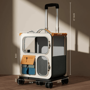 Pet Trolley Cat Backpack with telescopic handle and 360° wheels, large mesh windows, and front pockets for travel and car use.